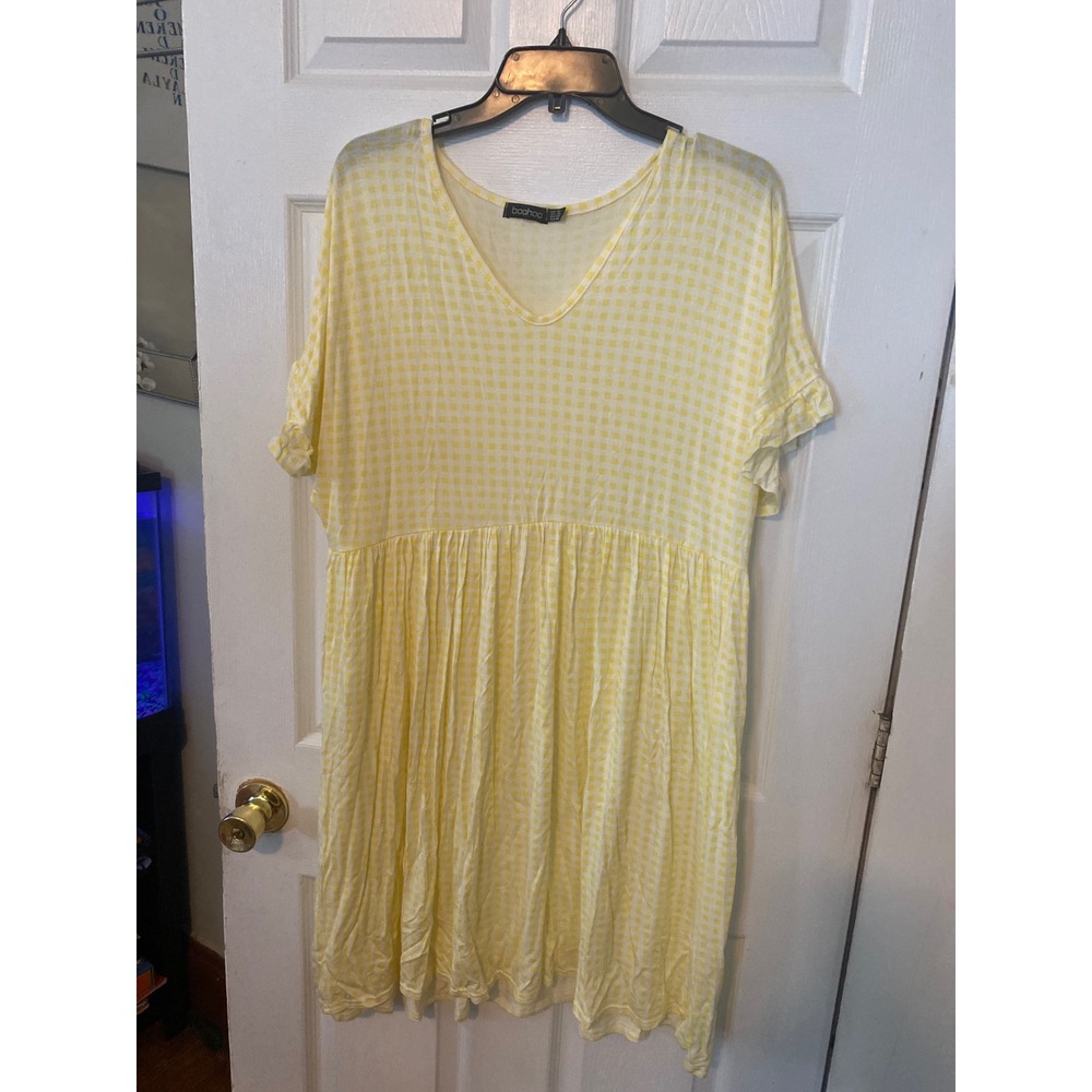 Boohoo Yellow Gingham Babydoll Dress V-Neck Short Sleeve Smock US 14 Womens